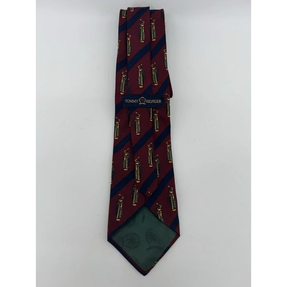 Tommy Hilfiger Golf Bag Red Men's Neck Tie 100% Italian Silk Blue Stripes